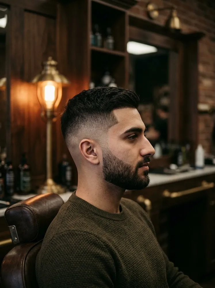 Side profile of a fresh skin fade, brass lamp in the background.