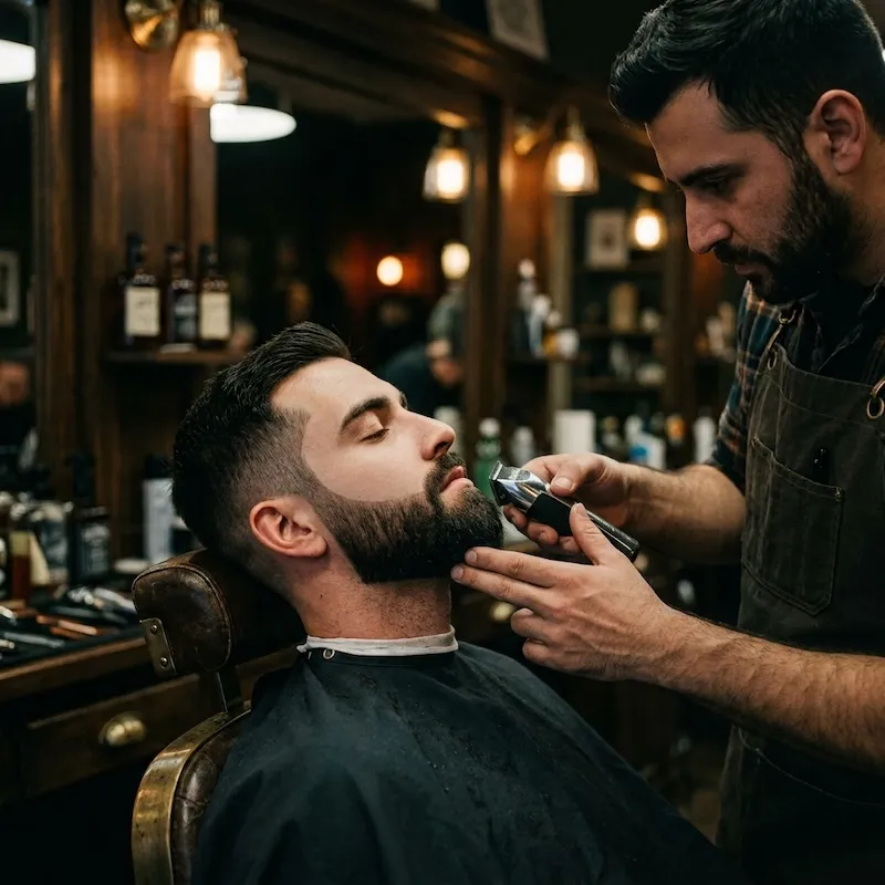 Close crop of a beard line-up, edges squared to the jaw.
