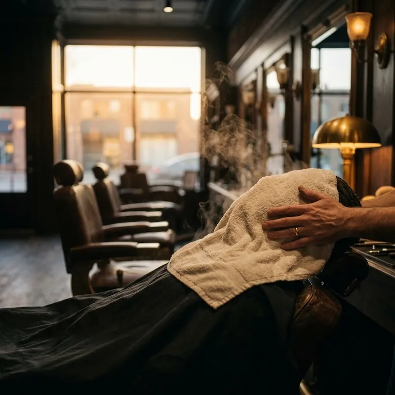 A hot towel being laid over a client's face, steam catching the window light.