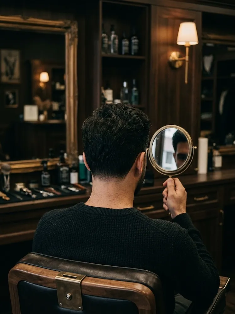 A classic taper, freshly finished, client checking the back with a hand mirror.