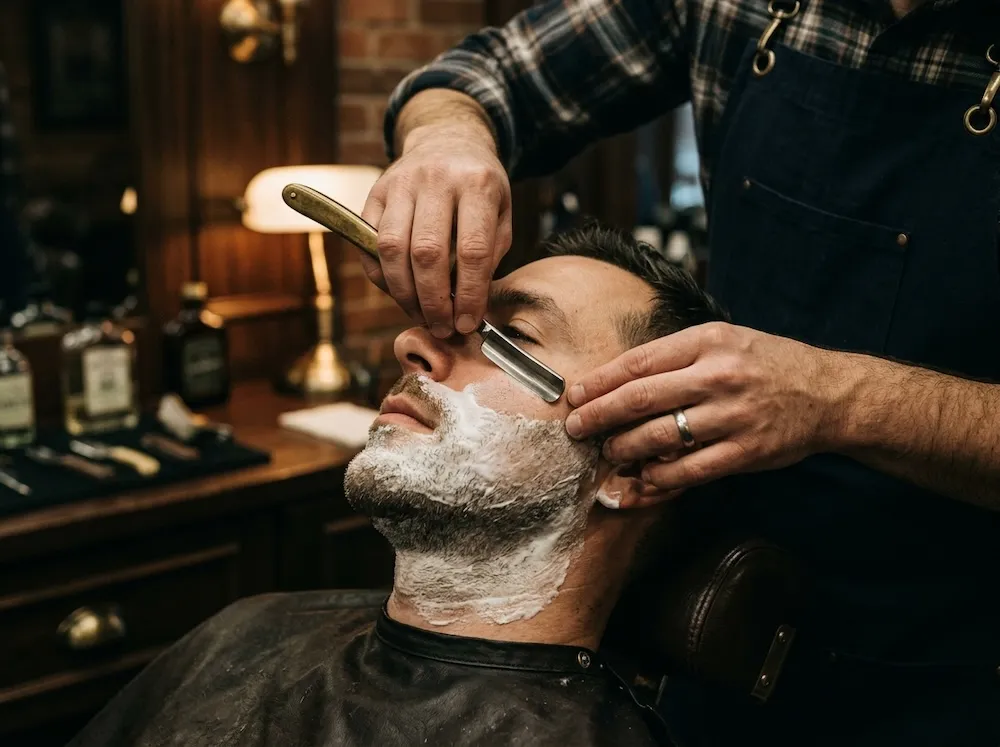 Lather brushed on and the straight razor beginning its first pass along the cheek.