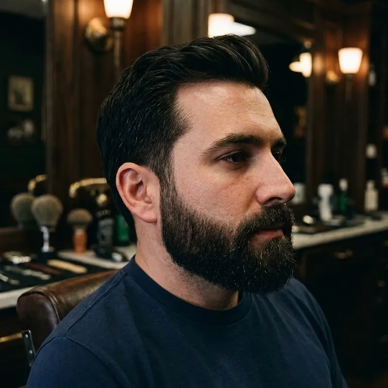 Square-on detail of a sculpted beard, cheek line razor-sharp.