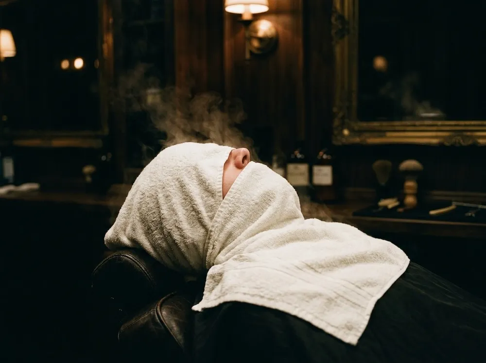 A client reclined under a steaming towel wrap, mid-shave ritual.