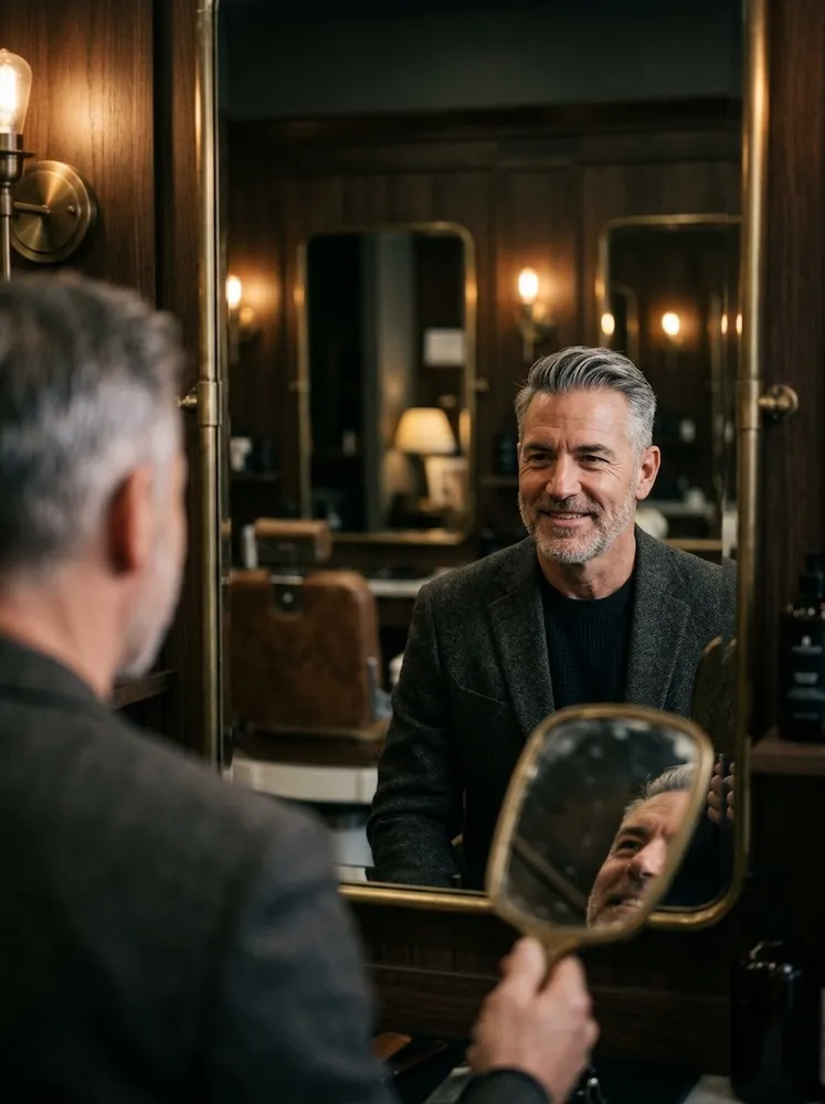 A finished grey blend, natural at the temples, client smiling into the mirror.