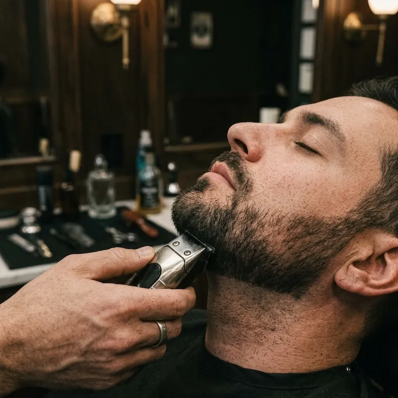Trimmer at work on a beard line-up, edge drawn tight to the jaw.