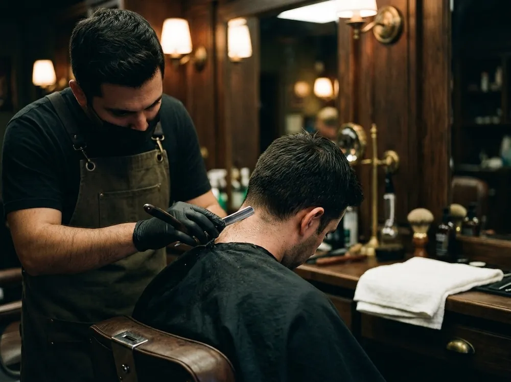 The finishing neck shave, blade angled low, cold towel waiting on the counter.