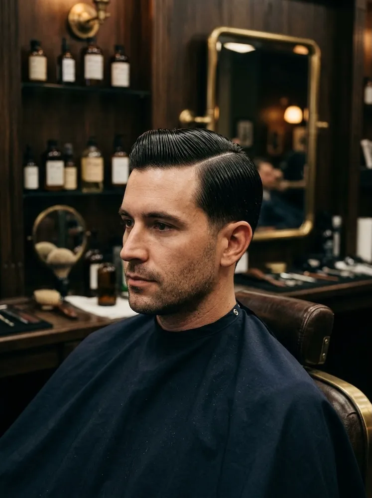 A hard side part combed through with pomade, mirror-bright.