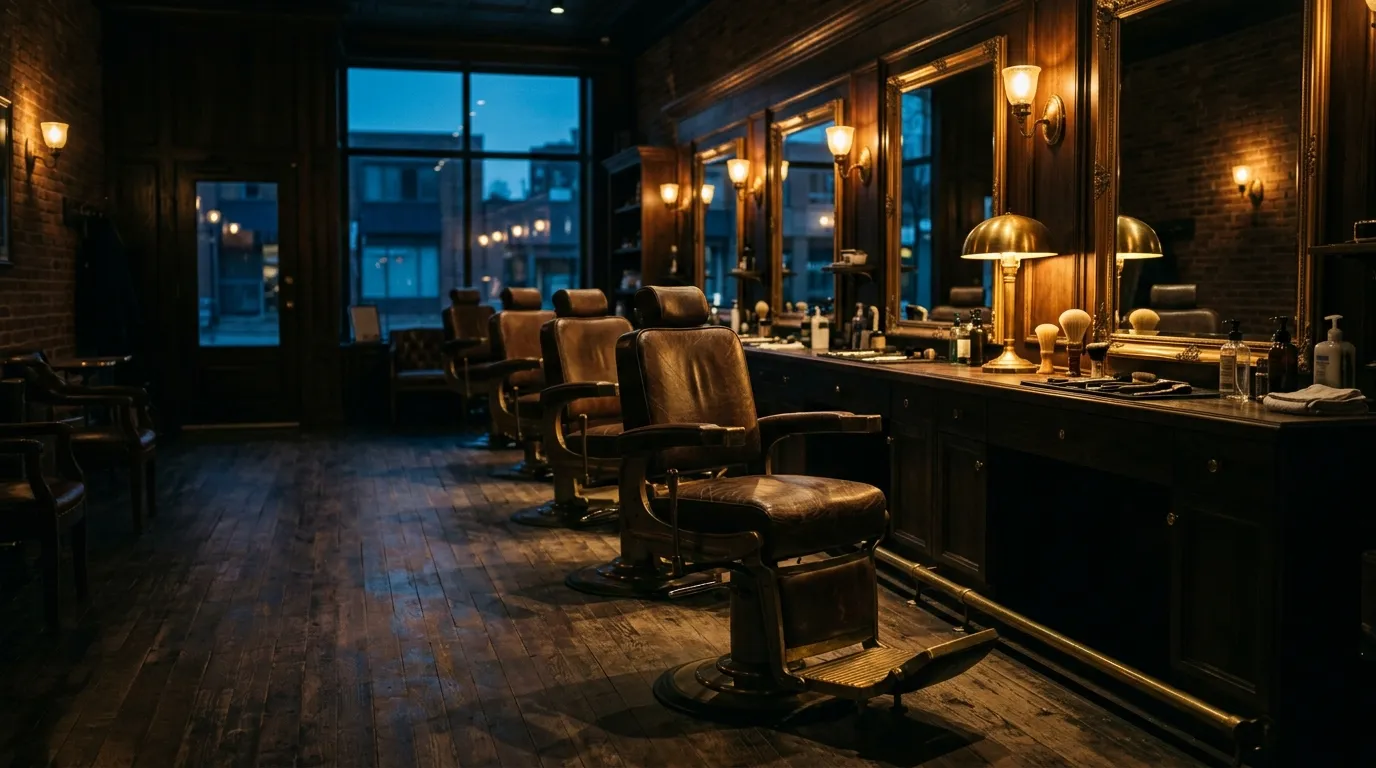 The Hale & Crow room at dusk: six barber chairs in walnut and brass, warm lamplight on the back bar.