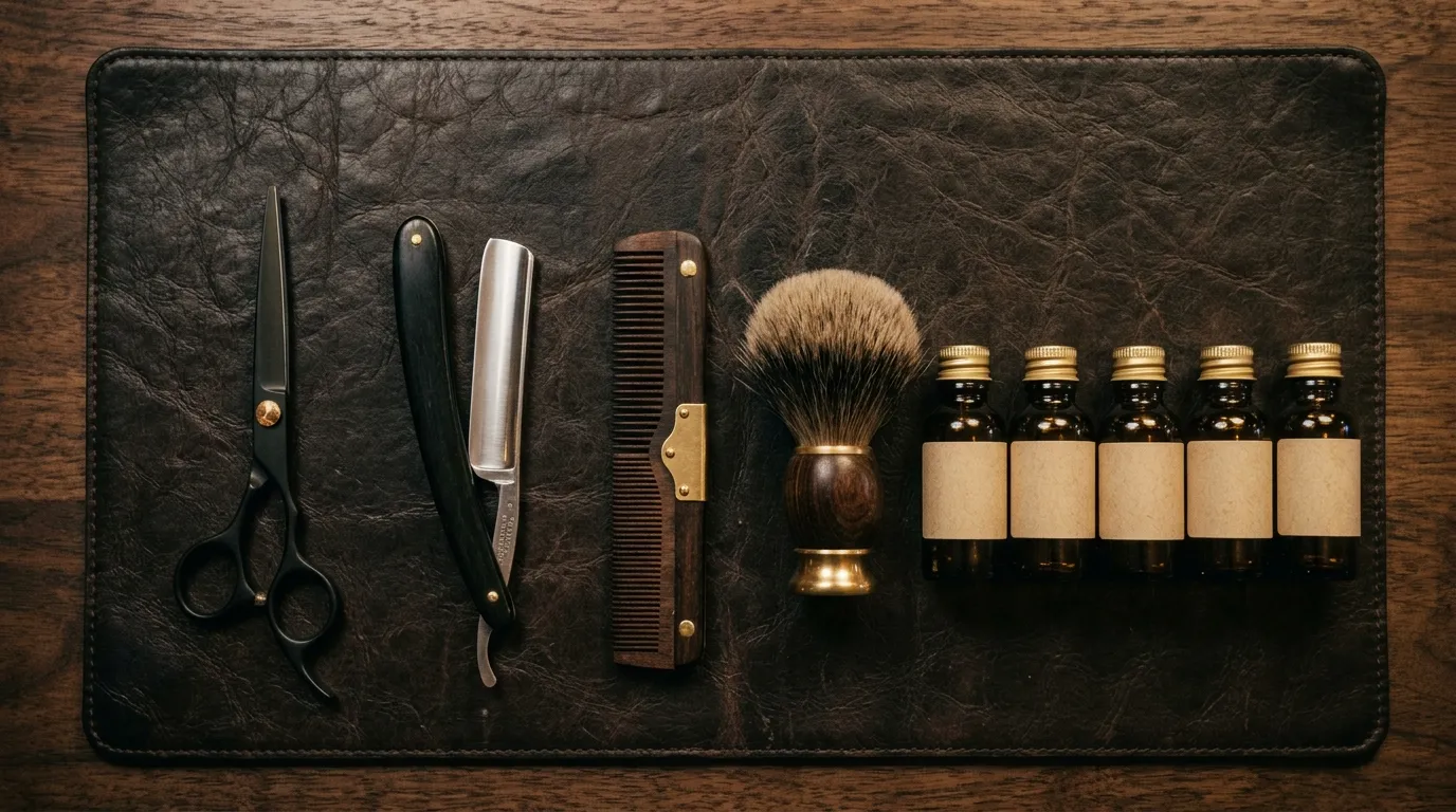 A wide shot of the tool counter: shears, razors, brushes and combs laid out in rows on dark leather.