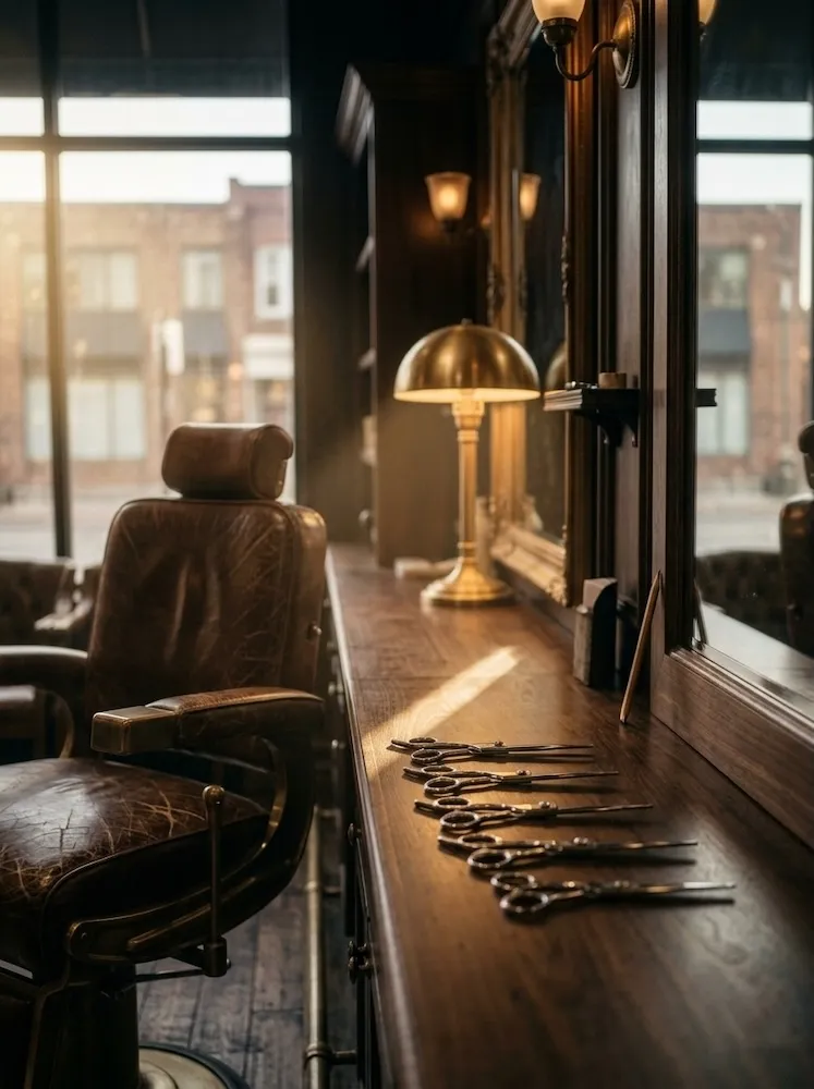 Chair No. 1 by the window, Hale's station, shears laid out in size order.