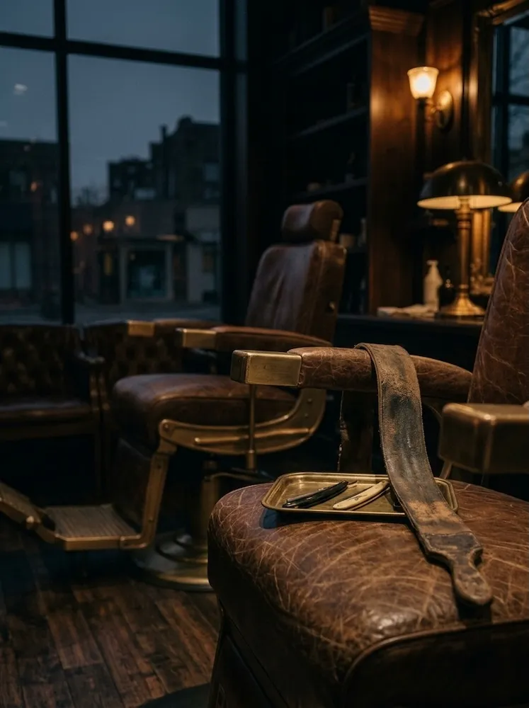 Chair No. 2, Crow's station, a leather strop hanging from the counter's brass rail.