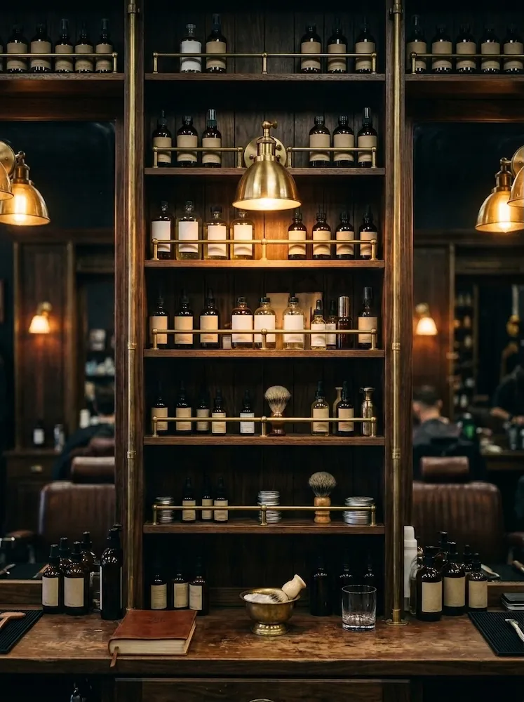 The back bar of the shop: walnut shelving, brass rails, rows of tonics and razors.