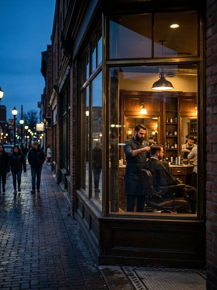 The Hale & Crow shopfront on Brant Street at dusk, wordmark painted in brass on the glass.