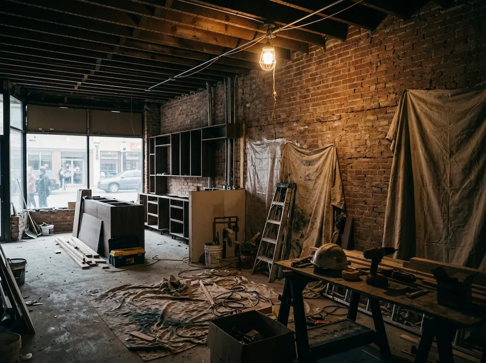 The empty Brant Street unit in 2019, bare brick and drop cloths, before the build-out.