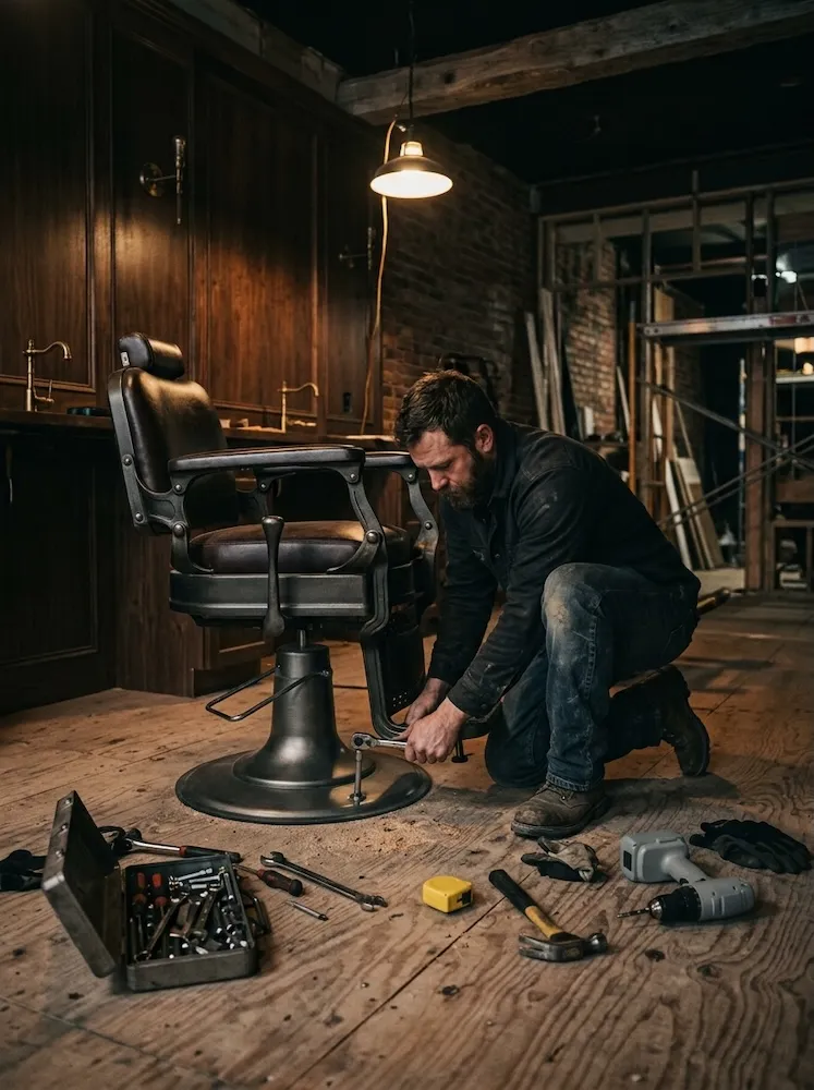 The first barber chair being bolted down, tools scattered on the unfinished floor.